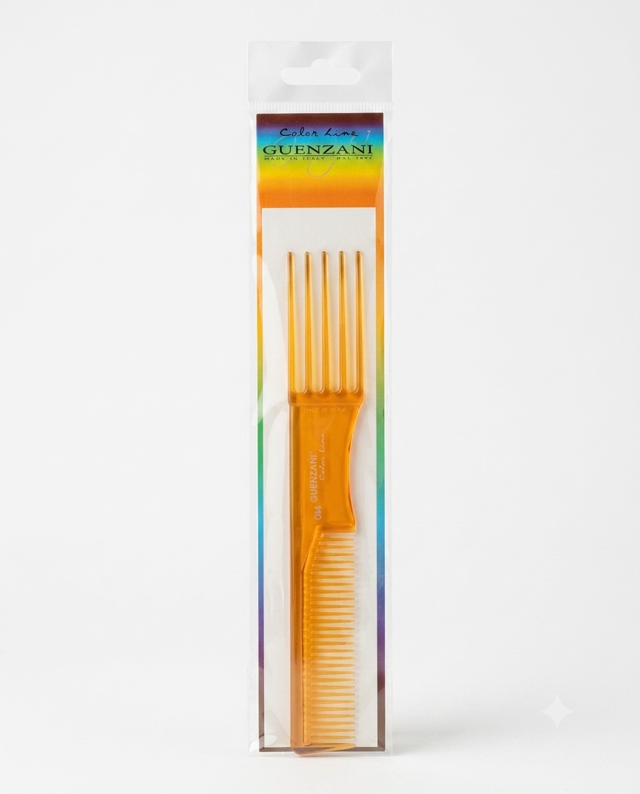 Guenzani Pettine Professionale a Forchetta Art. 544, disponibile in vari colori, con doppia estremità per lo styling, resistente al calore e ai prodotti chimici, ideale per sollevare le radici, separare le ciocche, creare volume e realizzare acconciature professionali su tutti i tipi di capelli.