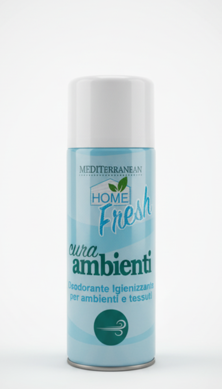 HOME PRO Mediterranean Deo Fresh Spray 400 ml, igienizzante per tessuti e ambienti con azione assorbiodori professionale, sicuro su seta e lana.