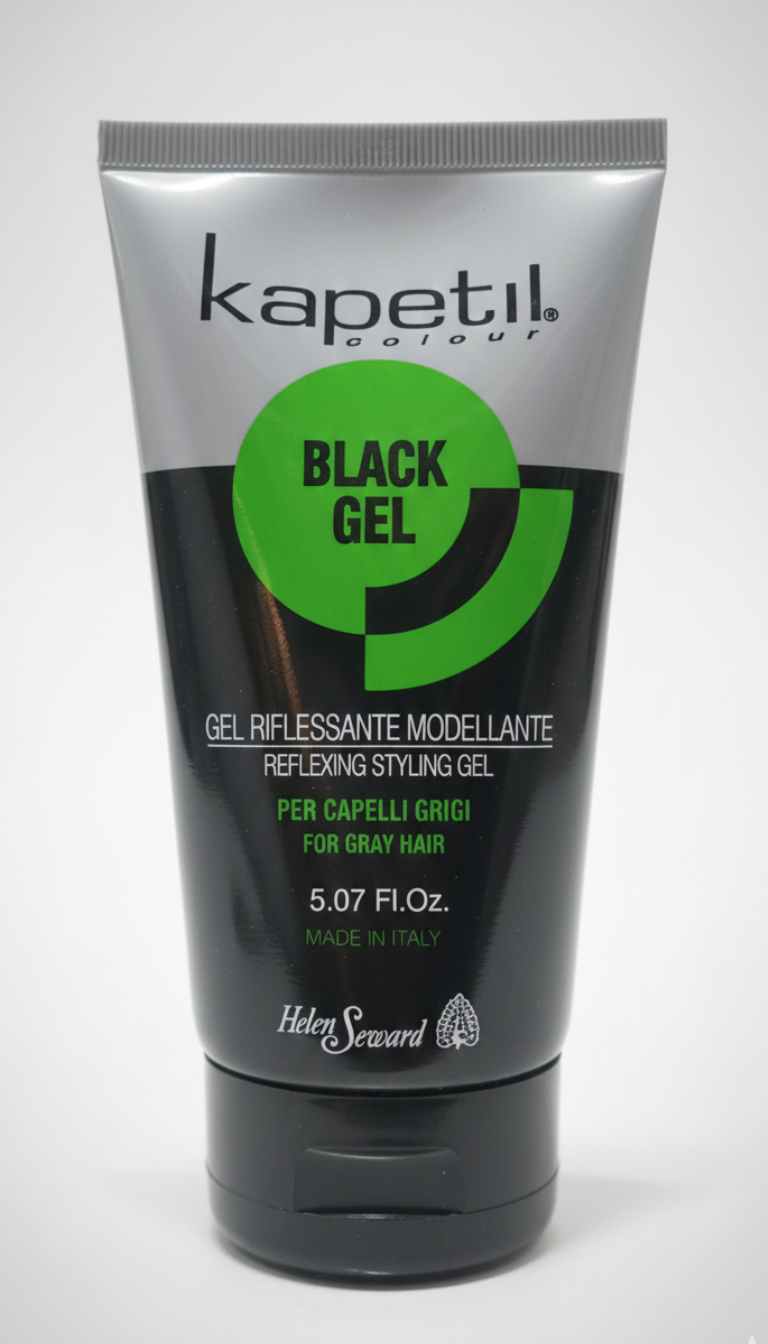 Gel nero per capelli Helen Seward Kapetil Black Gel 150ml, gel modellante con pigmenti per copertura capelli bianchi e fissaggio naturale senza alcool, Made in Italy.
