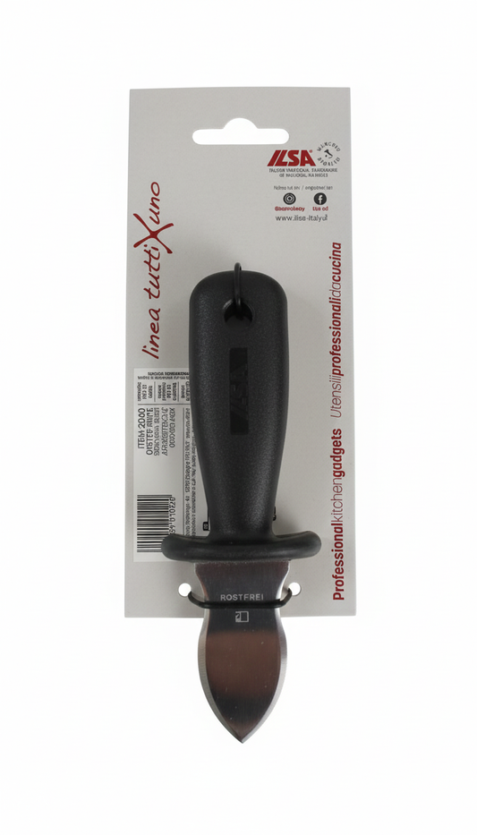 ILSA Apri Ostriche Professionale in acciaio inox di alta qualità, dotato di impugnatura ergonomica con paramano di sicurezza e lama corta, robusta e resistente, ideale per aprire ostriche e altri frutti di mare con precisione, stabilità e massima sicurezza durante l'utilizzo.