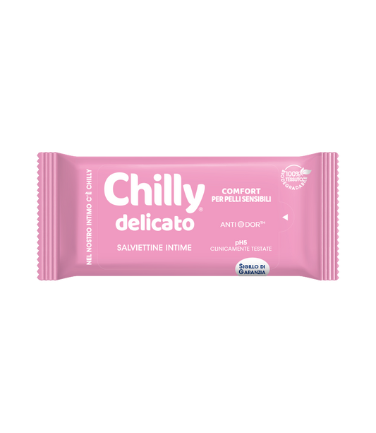 Chilly Delicato Salviettine Intime per Pelli Sensibili | Formula con Aloe e Hamamelis | pH5 Clinicamente Testato | Tessuto Biodegradabile | Formato Viaggio