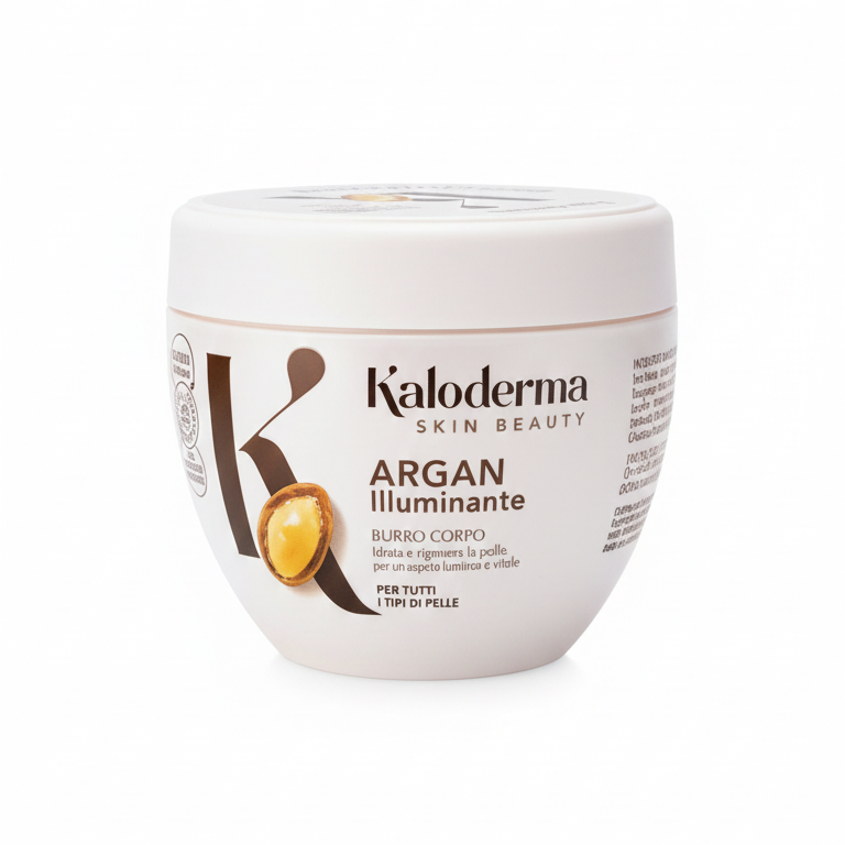 Kaloderma Argan Illuminante Burro Corpo 300ml | Olio Purissimo di Argan | Trattamento Nutriente Intensivo per Viso, Mani e Corpo | Pelle Rigenerata e Vellutata