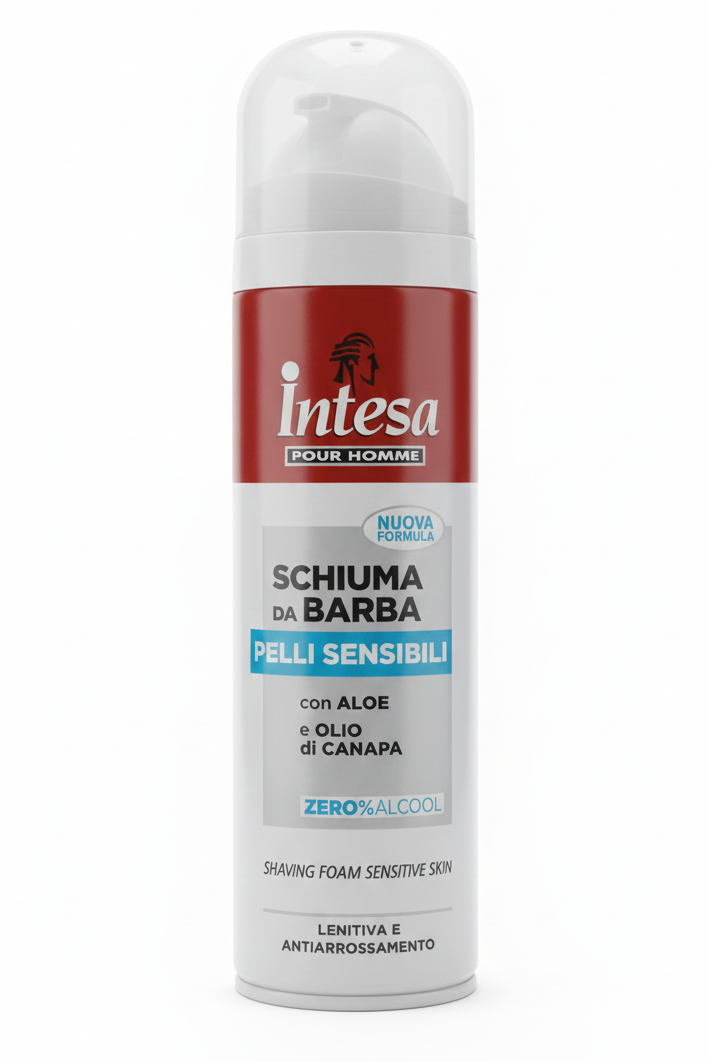 Intesa Pour Homme Schiuma da Barba 300ml – Pelli Sensibili – Con Aloe e Olio di Canapa – 0% Alcool – Dermoprotettiva