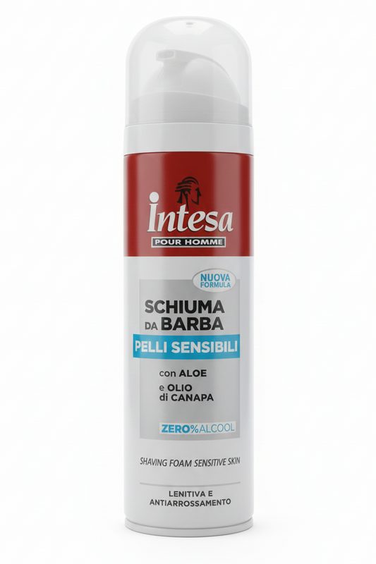 Intesa Pour Homme Schiuma da Barba 300ml – Pelli Sensibili – Con Aloe e Olio di Canapa – 0% Alcool – Dermoprotettiva
