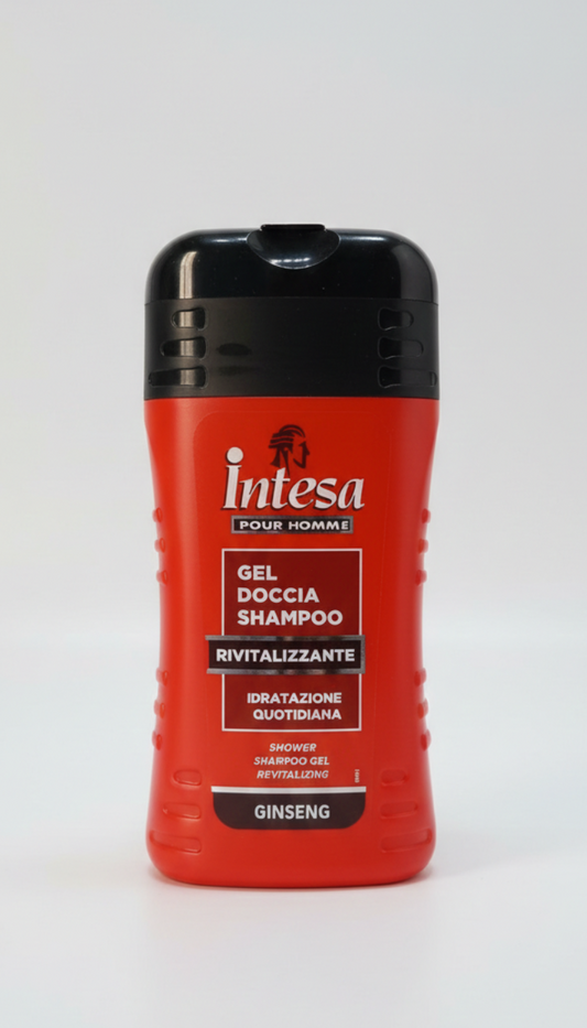Intesa Pour Homme Doccia Shampoo Rivitalizzante 250ml | 2-in-1 Corpo e Capelli al Ginseng | Fragranza Legni Preziosi, Ambra e Muschi | pH Fisiologico