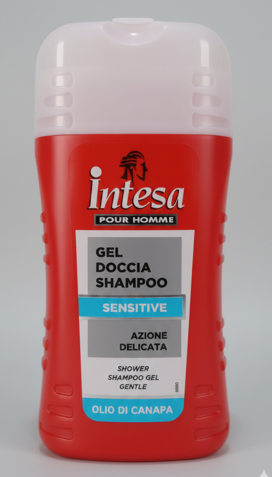 Intesa Pour Homme Doccia Shampoo Olio di Canapa e Argan 250ml | 2-in-1 Rigenerante Corpo e Capelli | Tecnologia Odour Block | Fragranza Woody