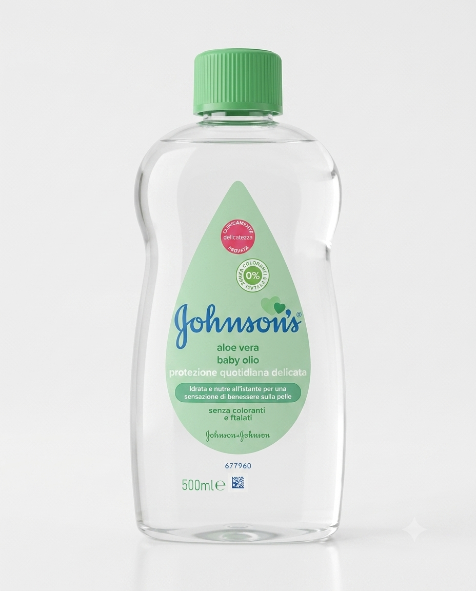 Johnson's Baby Olio Idratante 500ml con aloe vera, idrata e nutre la pelle delicata di bambini e adulti, formula ipoallergenica.