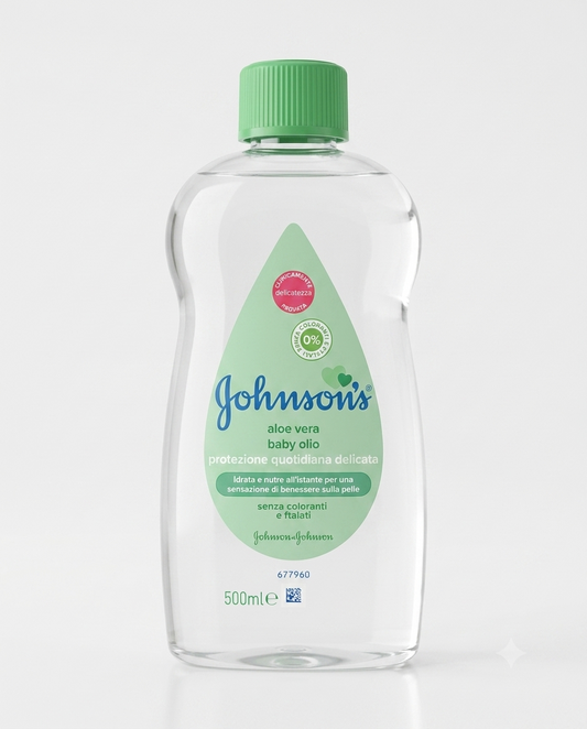 Johnson's Baby Olio Idratante 500ml con aloe vera, idrata e nutre la pelle delicata di bambini e adulti, formula ipoallergenica.