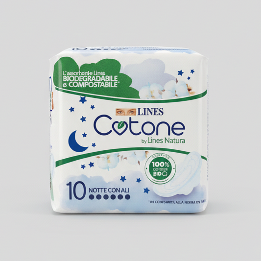 Lines Cotone Bio Ultra Notte con Ali 10 Pezzi | Filtrante 100% Cotone Biologico Certificato | Ipoallergenico per Pelli Sensibili | Massimo Assorbimento