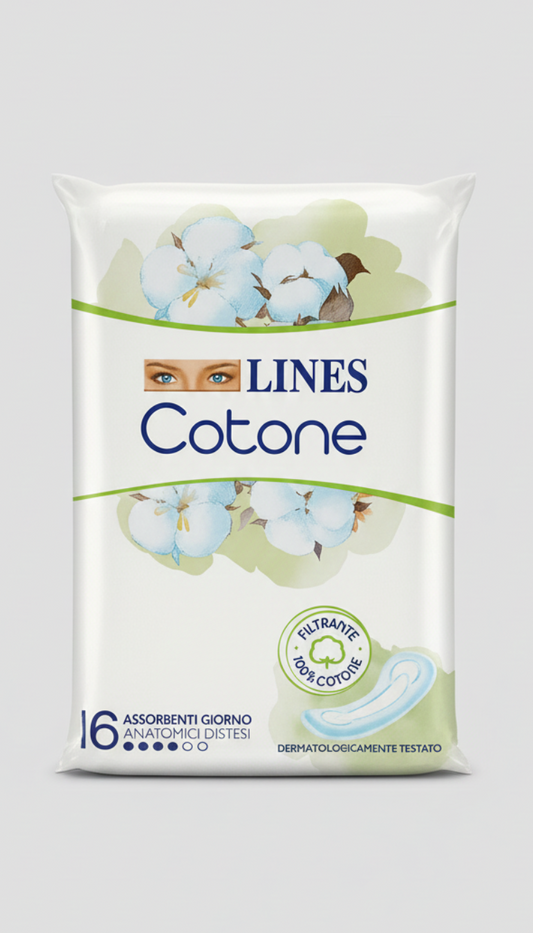 LINES Cotone Assorbenti Sottili Giorno Anatomici 16 Pezzi | Filtrante 100% Cotone sulla Pelle | Ipoallergenico e Traspirante | Approvato dai Ginecologi AOGOI | Con Ali a Farfalla