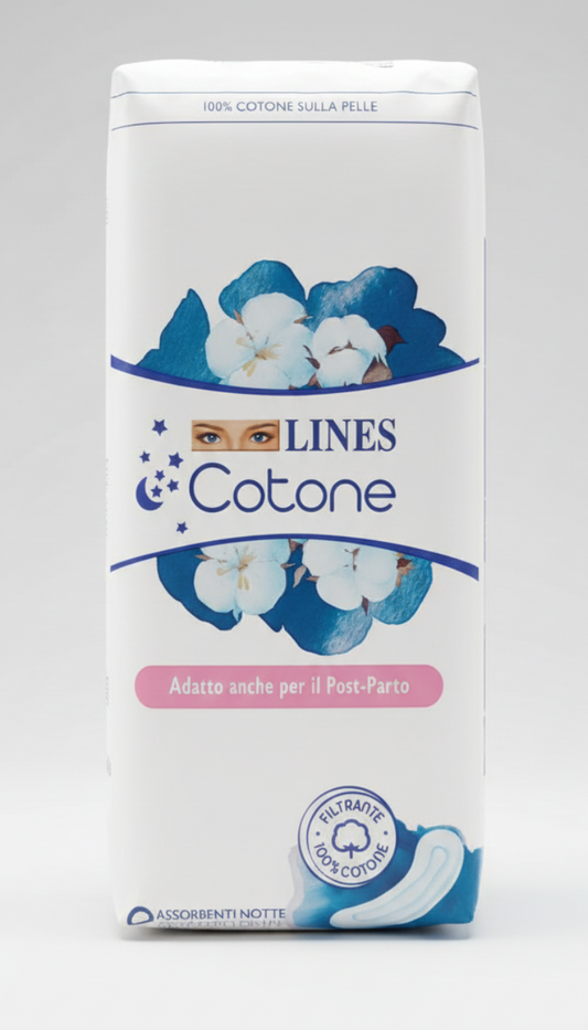 LINES Cotone Notte Anatomico Disteso Extralungo 12 Pezzi | Assorbente 100% Cotone Naturale | Ideale per Post-Parto e Flussi Molto Abbondanti | Canali Assorbenti e Ipoallergenico