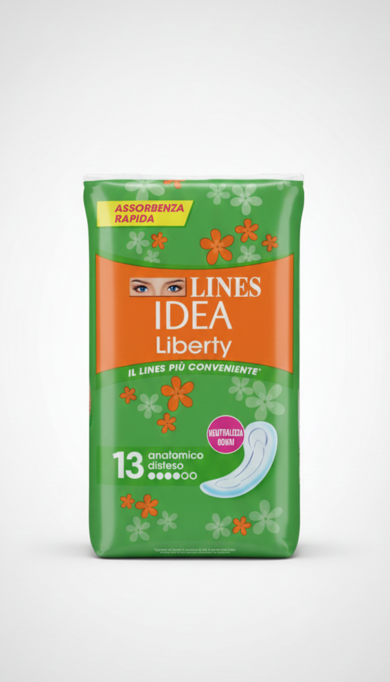 LINES IDEA Liberty Assorbenti Anatomici con Ali | 13 Pezzi | Tecnologia Neutralizza Odori | Filtrante Ipoallergenico per Pelli Delicate