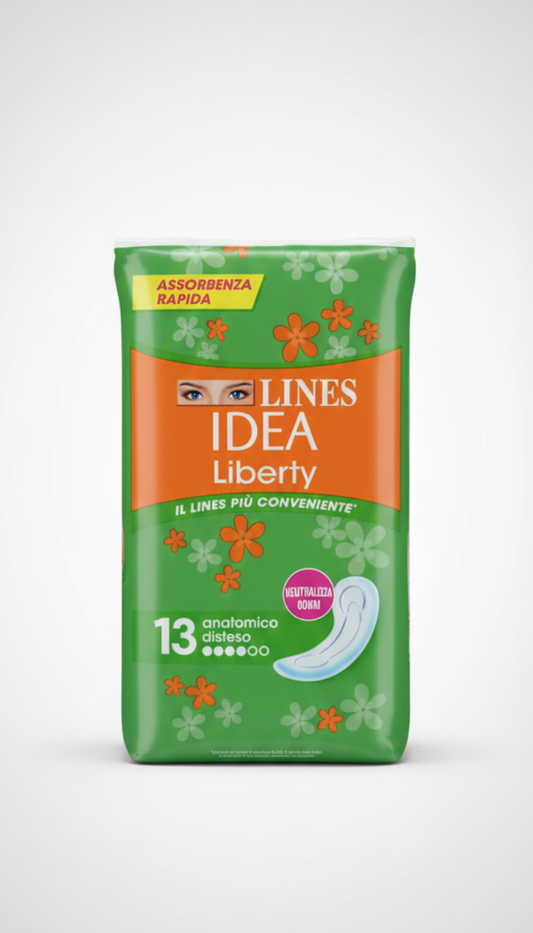 LINES IDEA Liberty Assorbenti Anatomici con Ali | 13 Pezzi | Tecnologia Neutralizza Odori | Filtrante Ipoallergenico per Pelli Delicate