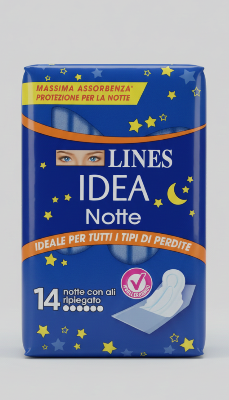 LINES IDEA Notte Assorbenti con Ali 14 Pezzi – Cuore Assorbente +25% per Flussi Abbondanti – Tecnologia Neutralizza Odori e Formula Ipoallergenica