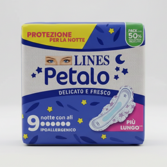 LINES Petalo Blu Assorbente Notte con Ali 9 Pezzi | Protezione Ipoallergenica Delicata e Fresca | Design Notturno Ultra-Assorbente | Eco-Pack 50% Plastica Riciclata