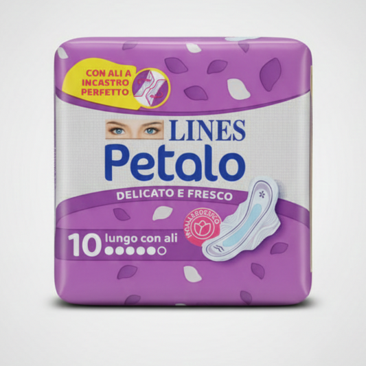 LINES Petalo Lungo con Ali 10 Pezzi | Assorbente Ultra Lungo Ipoallergenico per Flussi Abbondanti | Ali a Incastro Perfetto per Massima Stabilità | Confezione 50% Plastica Riciclata