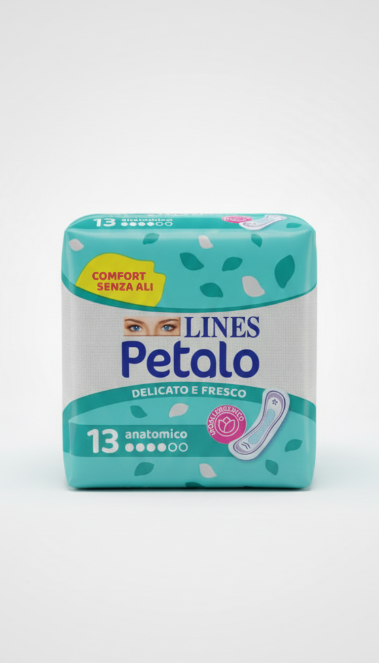 LINES Petalo Ultra Anatomico 13 Pezzi | Assorbente Ultra Sottile senza Ali | Ipoallergenico per Pelli Sensibili | Design Ergonomico e Filtrante Traspirante Soft-Touch