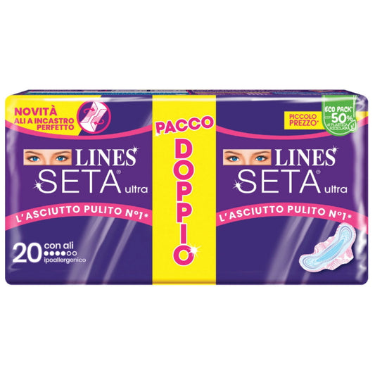 LINES Seta Ultra Anatomico con Ali Pacco Doppio 20 Pezzi | Assorbenti Ultrasottili per Flusso Regolare | Asciutto Pulito N°1 e Ali a Incastro Perfetto