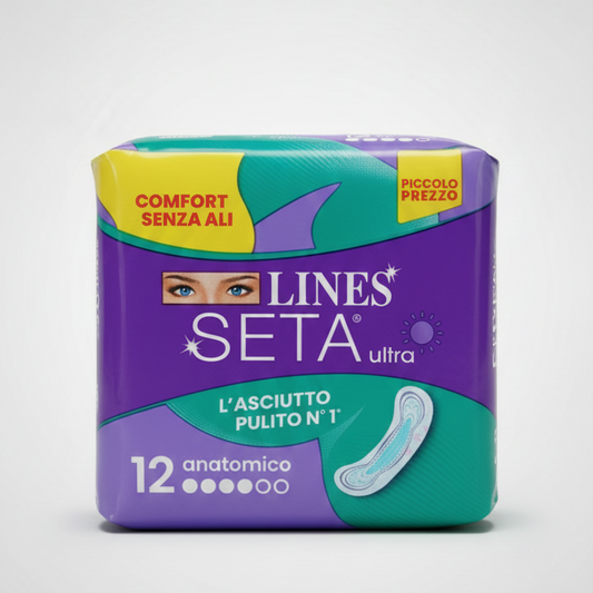 LINES Seta Ultra Anatomico 12 Pezzi | Assorbenti Ultrasottili Senza Ali | Tecnologia Instant Dry per Asciutto Immediato | Ipoallergenico e Anti-Odore | Comfort Invisibile