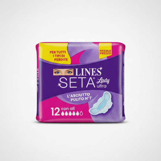 Lines Seta Ultra Lady con Ali 12 Pezzi | Assorbenti per Flussi Intensi | Nuova Molecola N3 Anti-Odore | Filtrante Seta e AGM Nuova Generazione