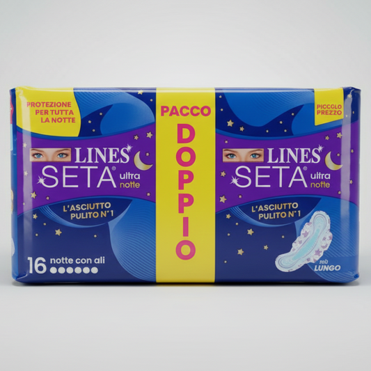 LINES Seta Ultra Notte con Ali Pacco Doppio 16 Pezzi | Assorbenti Notte Ultra Sottili | Tecnologia Instant Dry per Asciutto Rapido | Ipoallergenico e Anti-Odore