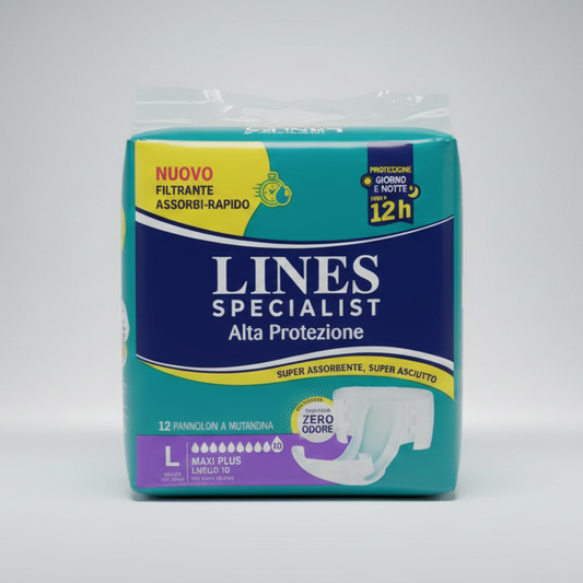 LINES Specialist Alta Protezione Maxi Plus Taglia L | 12 Pezzi | Pannoloni a Mutandina Unisex 12 Ore di Assorbenza | Tecnologia Zero Odore e Asciutto Rapido