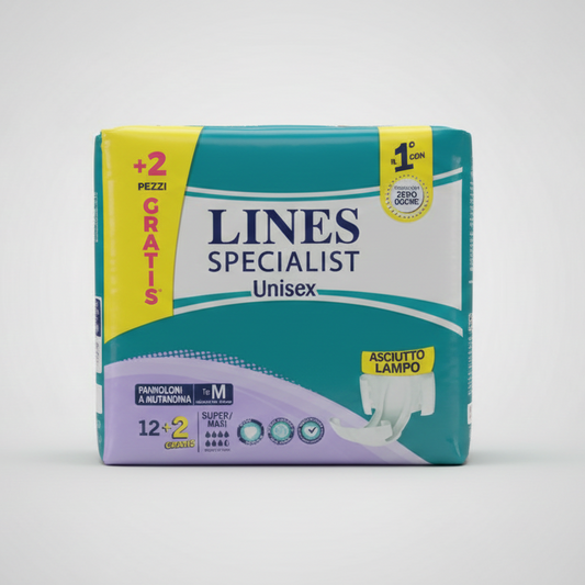 LINES Specialist Pannoloni a Mutandina Super Maxi Taglia M | 14 Pezzi (12+2) | Massima Assorbenza per Incontinenza Pesante | Tecnologia Zero Odore e Asciutto Rapido