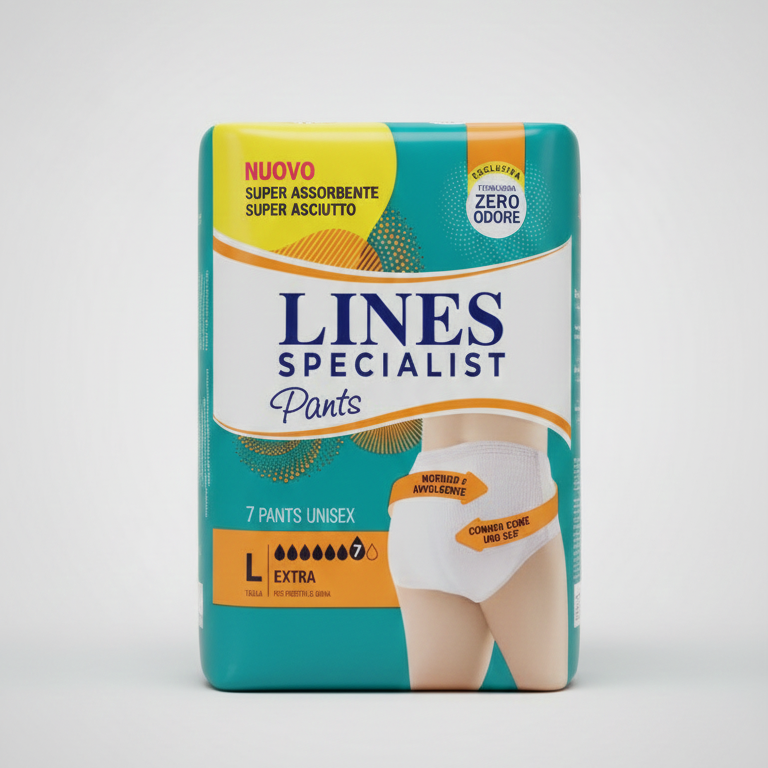 LINES Specialist Unisex Pants Extra Taglia L (100-140 cm) | 7 Mutandine Assorbenti per Incontinenza Abbondante | Tecnologia Zero Odore e Asciutto Rapido