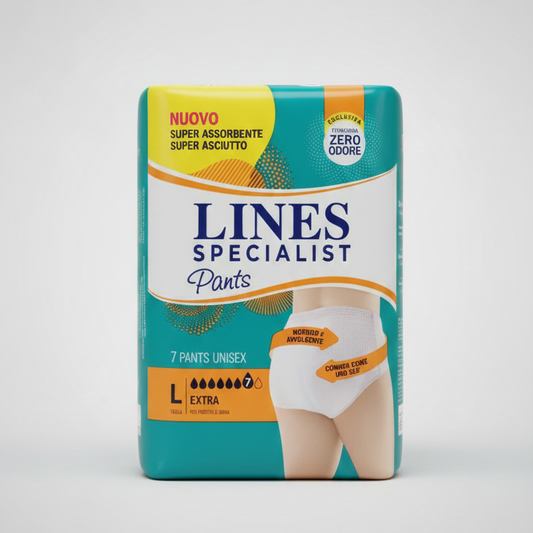 LINES Specialist Unisex Pants Extra Taglia L (100-140 cm) | 7 Mutandine Assorbenti per Incontinenza Abbondante | Tecnologia Zero Odore e Asciutto Rapido