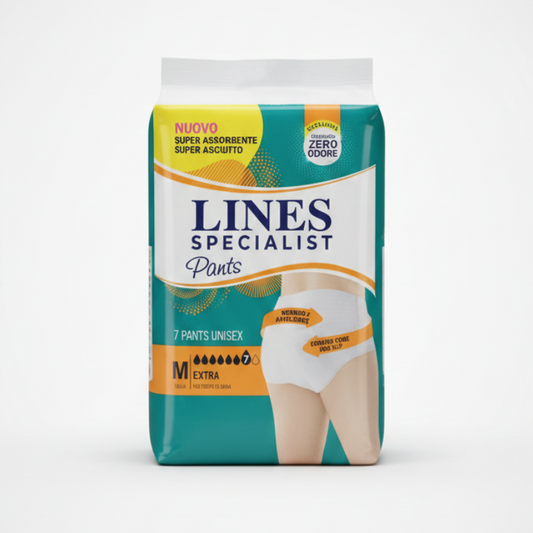 LINES Specialist Unisex Pants Extra Taglia M (70-100 cm) | 7 Mutandine Assorbenti per Incontinenza Abbondante | Tecnologia Zero Odore e Max Asciutto