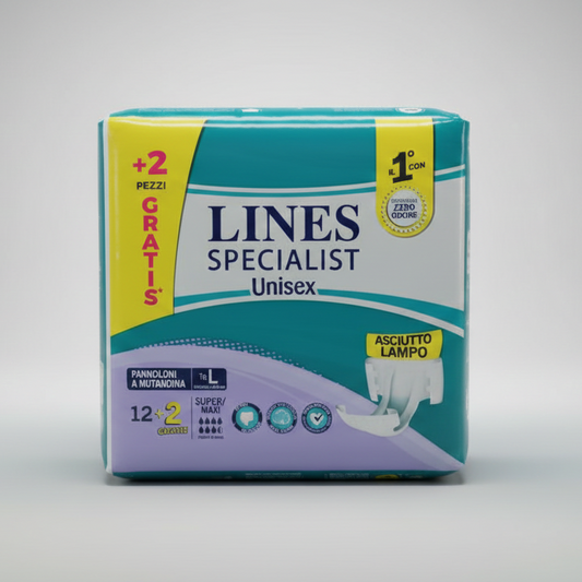 LINES Specialist Unisex Pants Super/Maxi Taglia L | 14 Pezzi (12+2) | Mutandine Assorbenti per Incontinenza Pesante | Tecnologia Zero Odore e Assorbenza Veloce