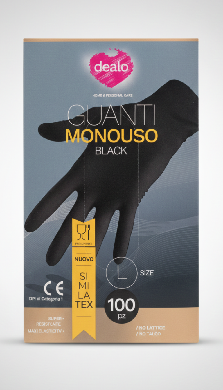 Dealo Guanti Monouso Black Similatex – Confezione Risparmio 100 Pezzi – Idonei Contatto Alimentare – Senza Lattice e Senza Talco – Taglie S, M, L