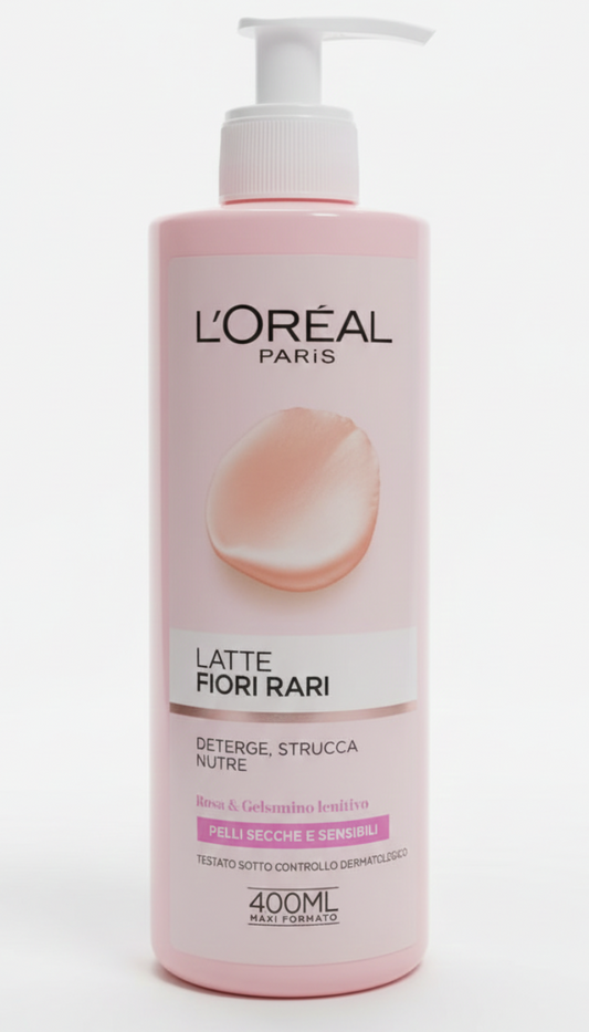 L'Oréal Paris Latte Struccante Fiori Rari 400 ml | Detergente e Nutriente per Pelli Secche e Sensibili | Con Estratti di Rosa e Gelsomino | Senza Risciacquo | Formato Maxi