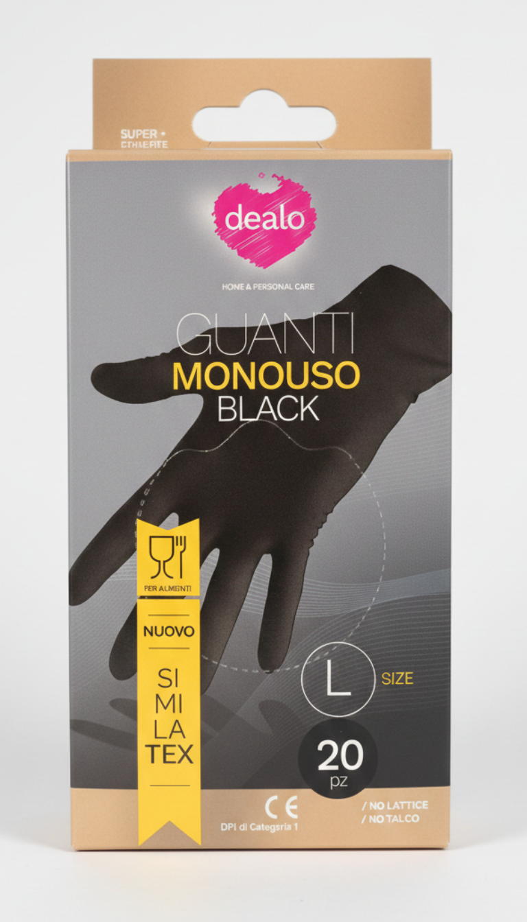 Dealo Guanti Monouso Black Similatex – 20 Pezzi – Idonei al Contatto Alimentare – Senza Lattice e Senza Talco – Alta Resistenza per Cucina e Pulizia