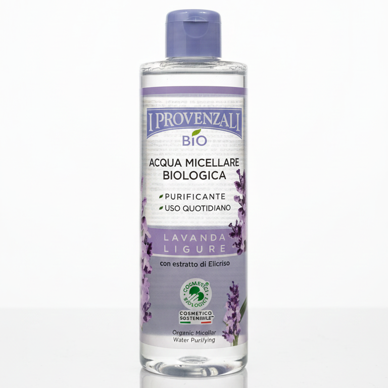Acqua Micellare BIO Lavanda Ligure I Provenzali purificante uso quotidiano, formula 100% vegan testata al nichel, ideale per detergere e struccare delicatamente la pelle lasciandola fresca e pulita.