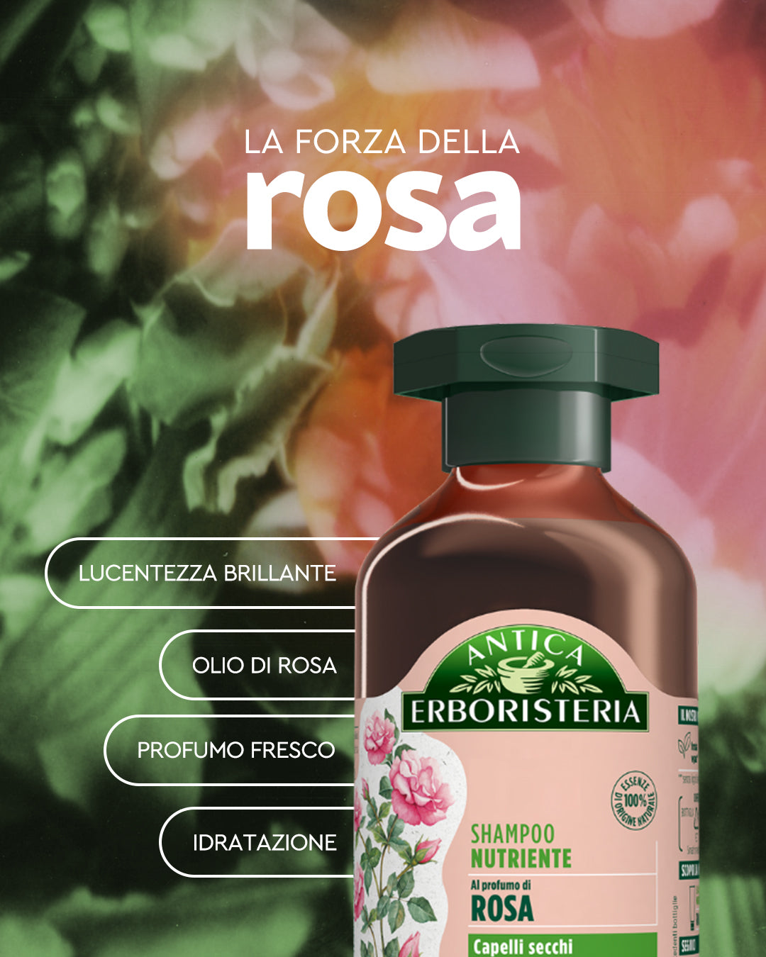 Antica Erboristeria Shampoo Nutriente Rosa 250 ml | Per Capelli Secchi e Spenti | 98% Ingredienti Naturali | Formula Vegana