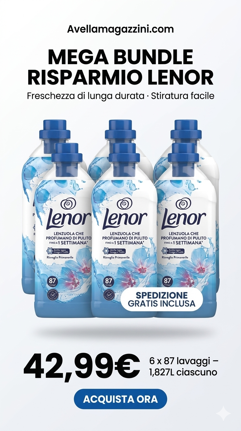 Lenor Ammorbidente Concentrato Risveglio Primaverile bundle 6x 1,827L per 522 lavaggi, ammorbidente per bucato con freschezza di lunga durata e fragranza floreale chypre e bergamotto. Formula concentrata che aiuta ad ammorbidire i tessuti, ridurre le pieghe e facilitare la stiratura.