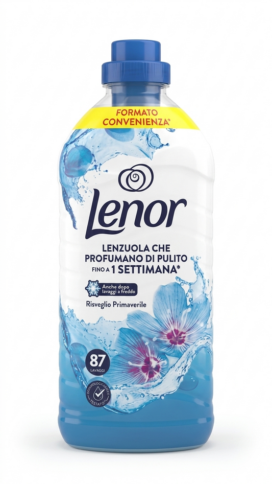 Lenor Ammorbidente Concentrato Risveglio Primaverile 1,827L da 87 lavaggi, ammorbidente per lavatrice con profumo fresco di bergamotto e note chypre, formula concentrata anti-odore che dona morbidezza ai tessuti e facilita la stiratura, flacone convenienza per bucato profumato a lungo.