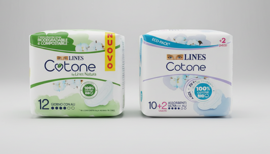 Lines Cotone Bio Ultra Giorno con Ali | 12 Pezzi | Assorbenti con Filtrante in 100% Cotone Biologico | Ipoallergenico e Dermatologicamente Testato | Per Pelli Sensibili | Massima Protezione Lines