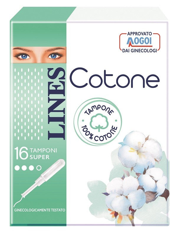 Lines Cotone Super 16 Tamponi Interni | 100% Puro Cotone Naturale e Traspirante | Per Flussi Medi e Abbondanti | Ginecologicamente Testato con Treccia Anti-Fuoriuscite