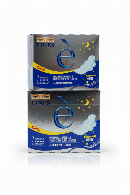 Lines È Notte Buonanotte Assorbenti 14 Pezzi (7+7) – Protezione Notte in Lactifless™ Ipoallergenico con Ali Extra-Protect
