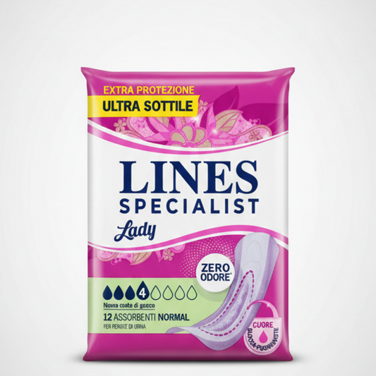Lines Specialist Lady Normal Ultra Sottile 12 Pezzi | Assorbenti per Perdite Urinarie Leggere | Design Anatomico con Cuore Blocca-Fuoriuscite | Sistema Zero Odore e Barriere Protettive