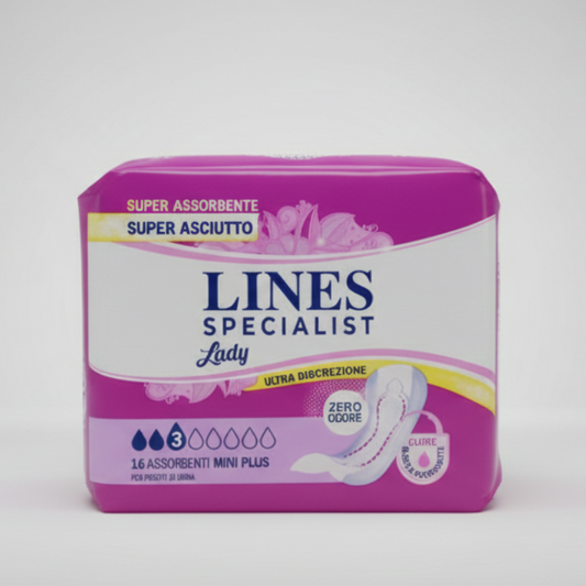 LINES SPECIALIST Mini Plus Assorbenti Donna 16 Pezzi | Ultra Sottili per Perdite Leggere | Tecnologia Zero Odore e Doppia Barriera Anti-Fuoriuscita