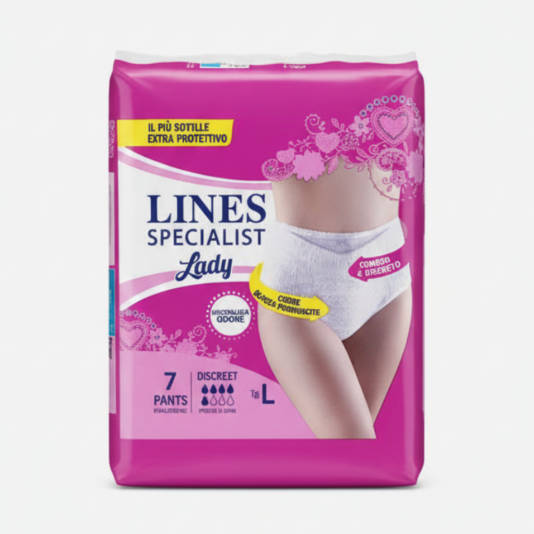 LINES Specialist Pants Discreet Taglia L (95-125 cm) | 7 Mutandine Assorbenti Ultra Sottili e Invisibili | Ipoallergeniche con Sistema Zero Odore