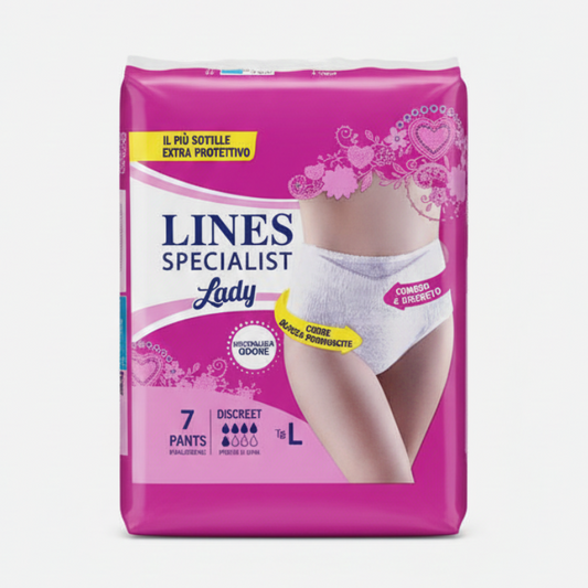 LINES Specialist Pants Discreet Taglia L (95-125 cm) | 7 Mutandine Assorbenti Ultra Sottili e Invisibili | Ipoallergeniche con Sistema Zero Odore