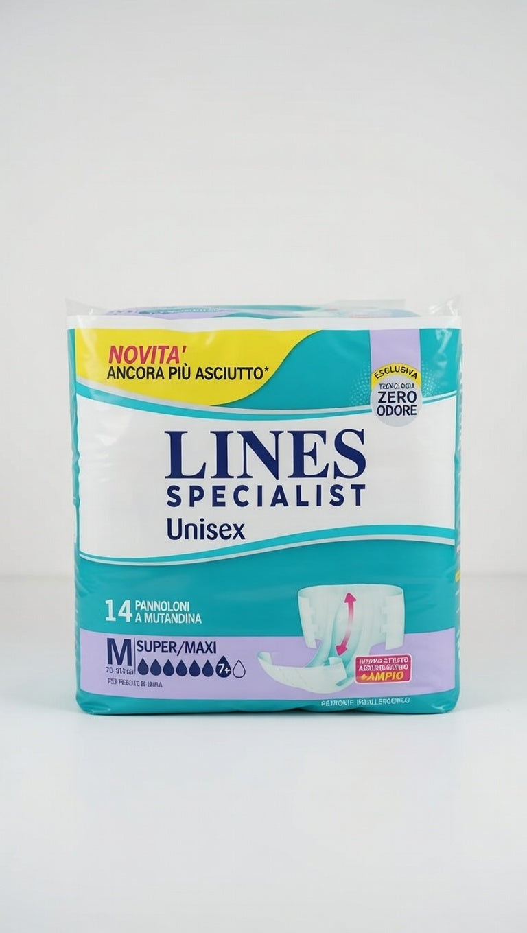 Lines Specialist Unisex M, confezione da 14 pannoloni a mutandina per incontinenza, misura M per circonferenza 70-110 cm, livello di assorbenza Super/Maxi 7+ gocce, progettati per offrire protezione e comfort durante l'uso quotidiano.