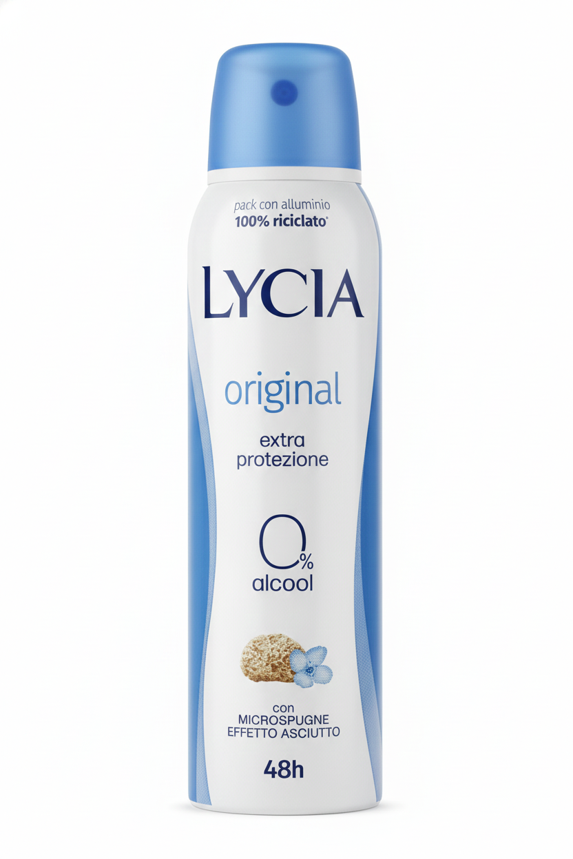 Lycia Deo Original Deodorante Spray 150ml – 48H Extra Protezione & Asciutto – Con Microspugne & Antibatterico Selettivo – 0% Alcool