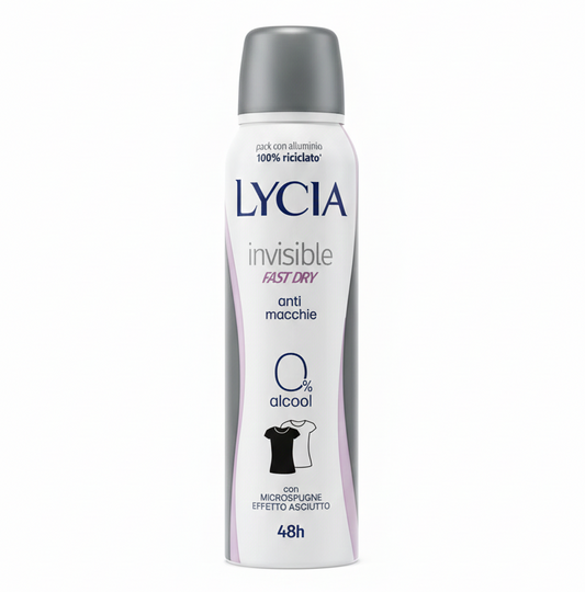 Lycia Invisible Fast Dry Deodorante Spray 150ml – 48H Protezione, Effetto Asciutto con Microspugne – Anti-Macchie & 0% Alcool