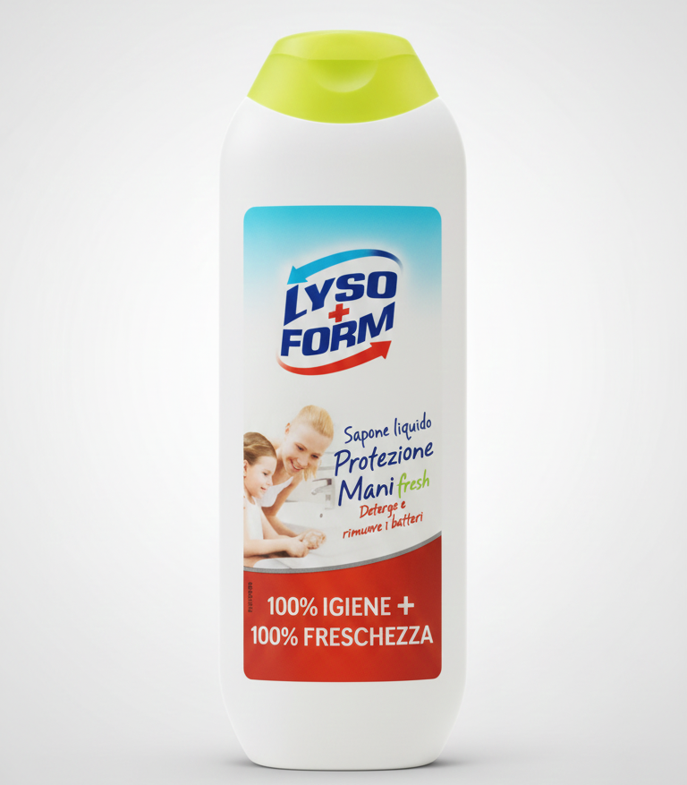 Lysoform Sapone Liquido Protezione Mani Fresh 250 ml, detergente liquido per le mani che deterge efficacemente e aiuta a rimuovere i batteri, lasciando la pelle pulita e fresca.