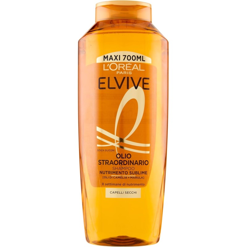 Bottiglia di shampoo L'Oréal Paris L'Oréal Paris Elvive Olio Straordinario 700ml in formato maxi, con packaging dorato e dettagli botanici, formulato con oli di camelia e marula, indicato per capelli secchi e crespi, nutrimento intenso senza siliconi.